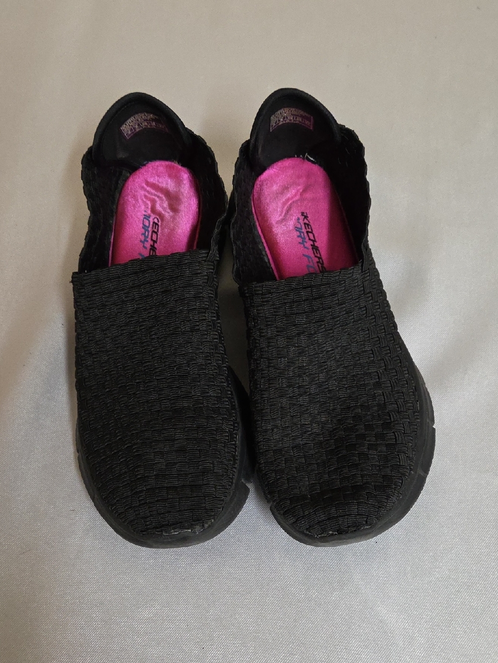 Skechers Women's Black Woven Slip-On Moccasins with Pink Insole